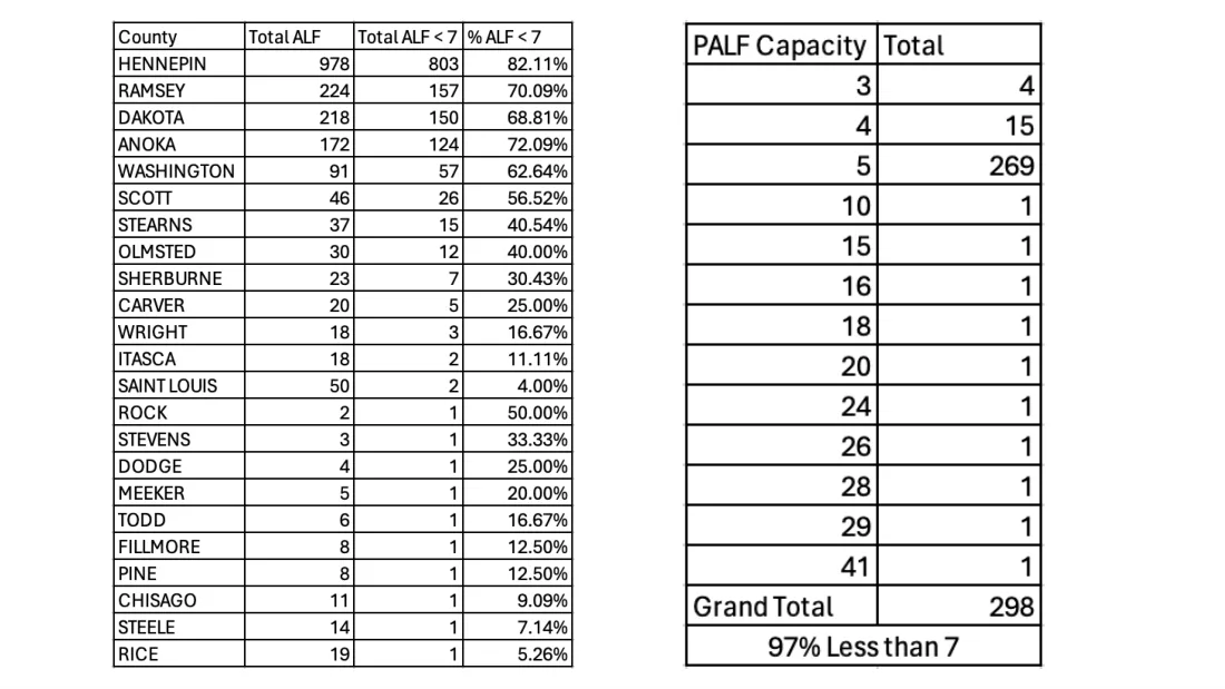 Assisted-living facilities by county and the share under seven beds; provisional licenses by capacity: 298 in all, 97% under seven beds. The report states the same 97% on page 59.